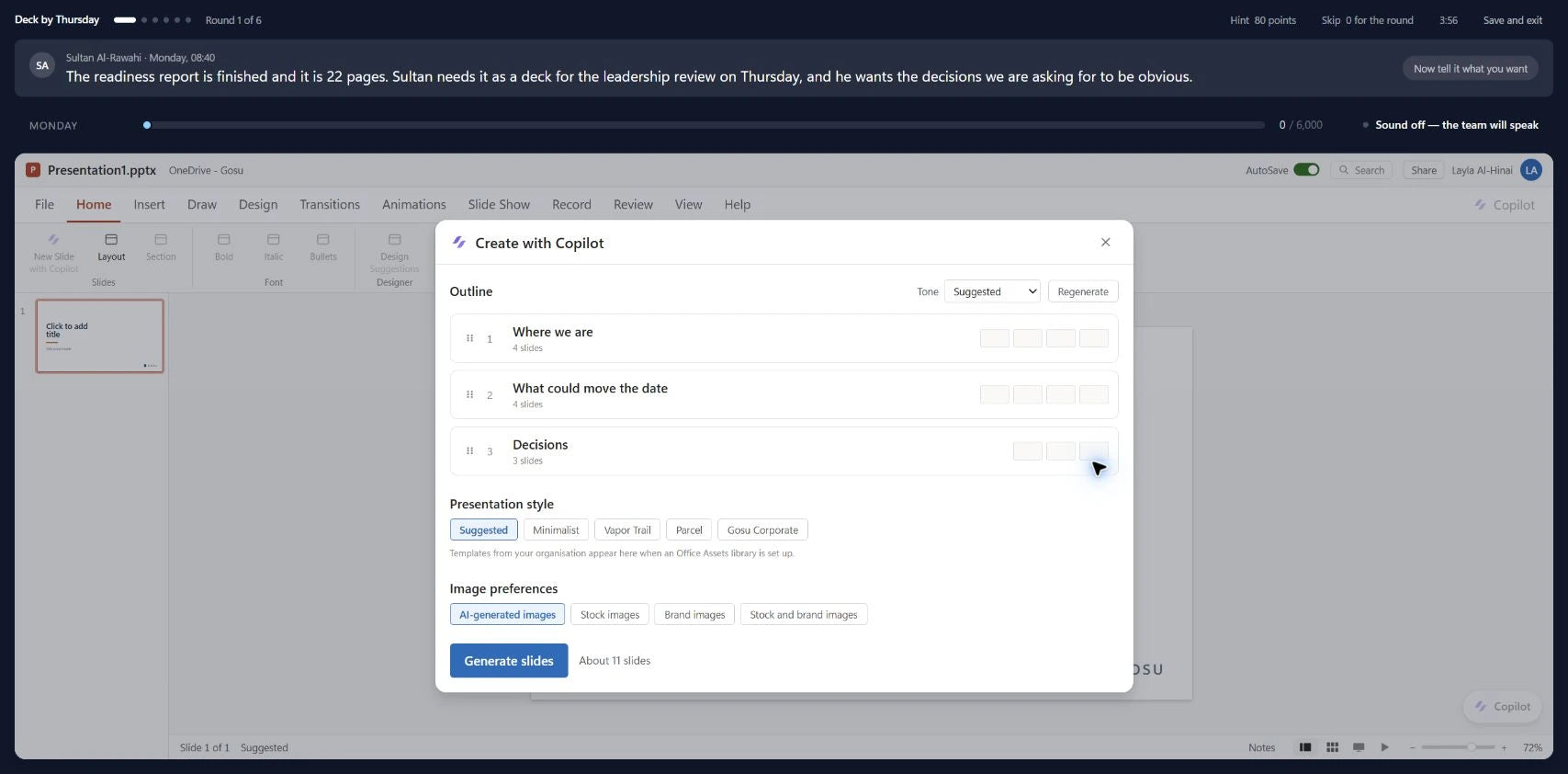 Create with Copilot presentation outline inside the simulated PowerPoint workspace.