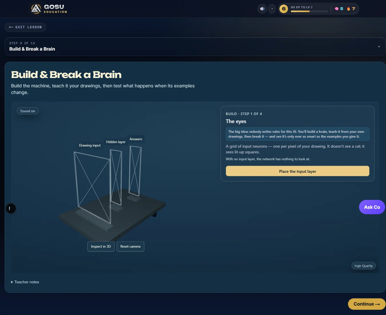 Build and Break a Brain in Gosu Education, with a three-dimensional neural network activity and guided lesson steps.