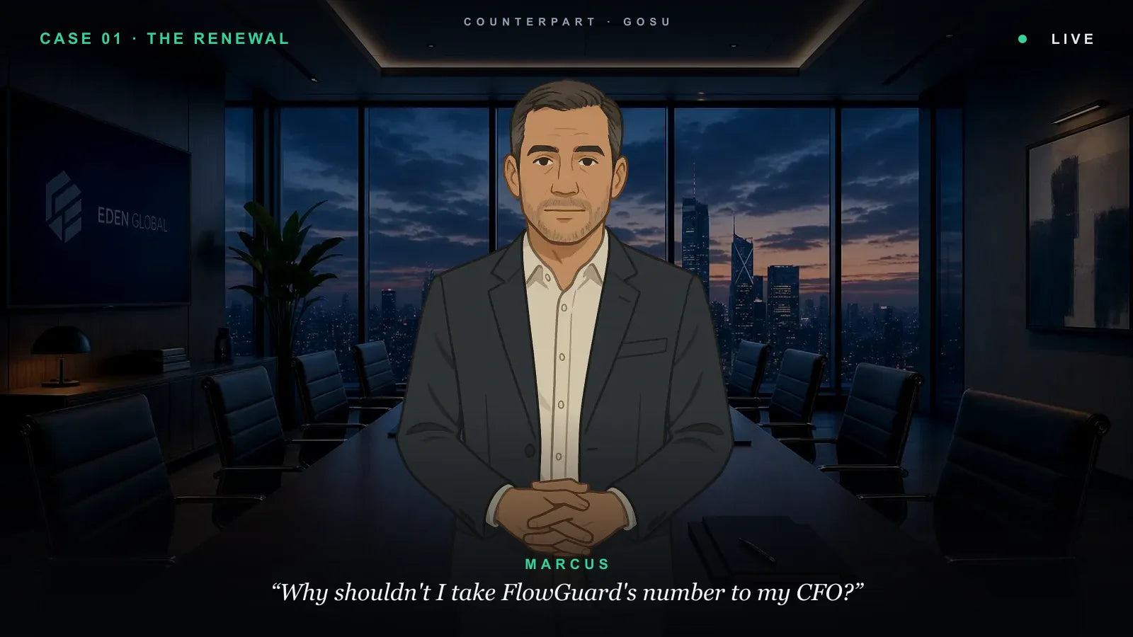 Counterpart: a customer across a meeting table challenges a renewal proposal.