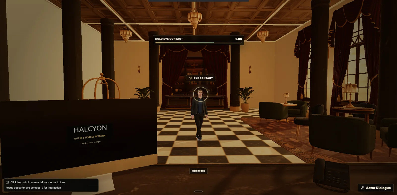 Frontline: a guest approaches the hotel front desk while the player practices greeting and eye contact.