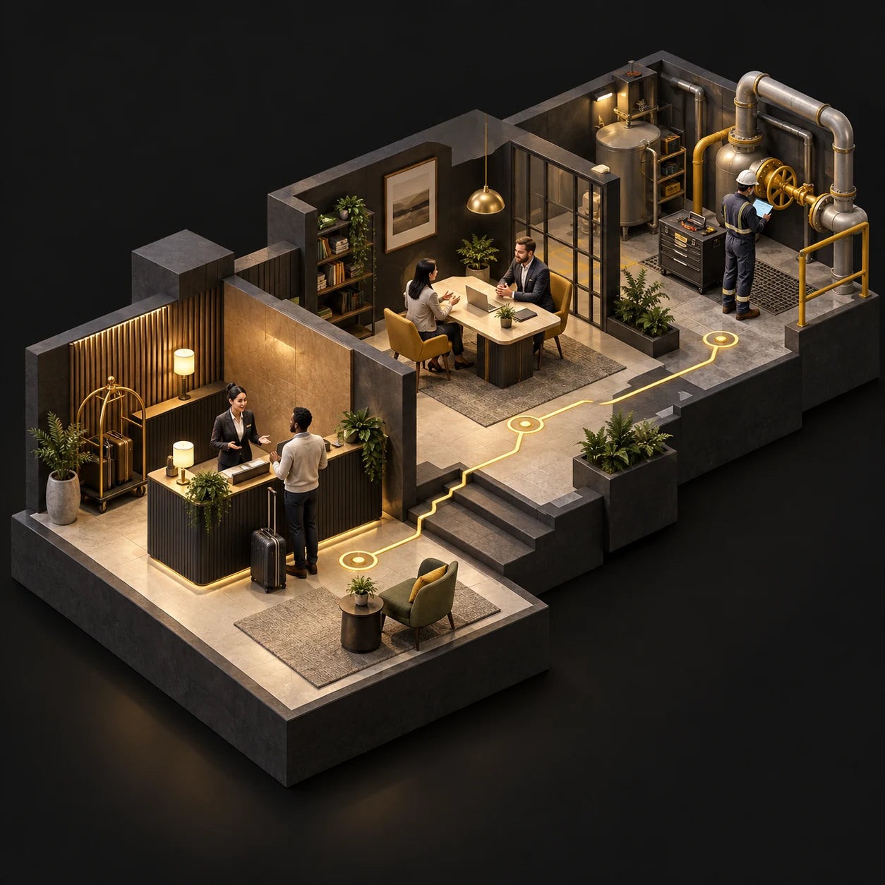 A custom workplace simulation illustrated as connected miniature spaces: a hotel reception, a negotiation table, and an industrial inspection area.