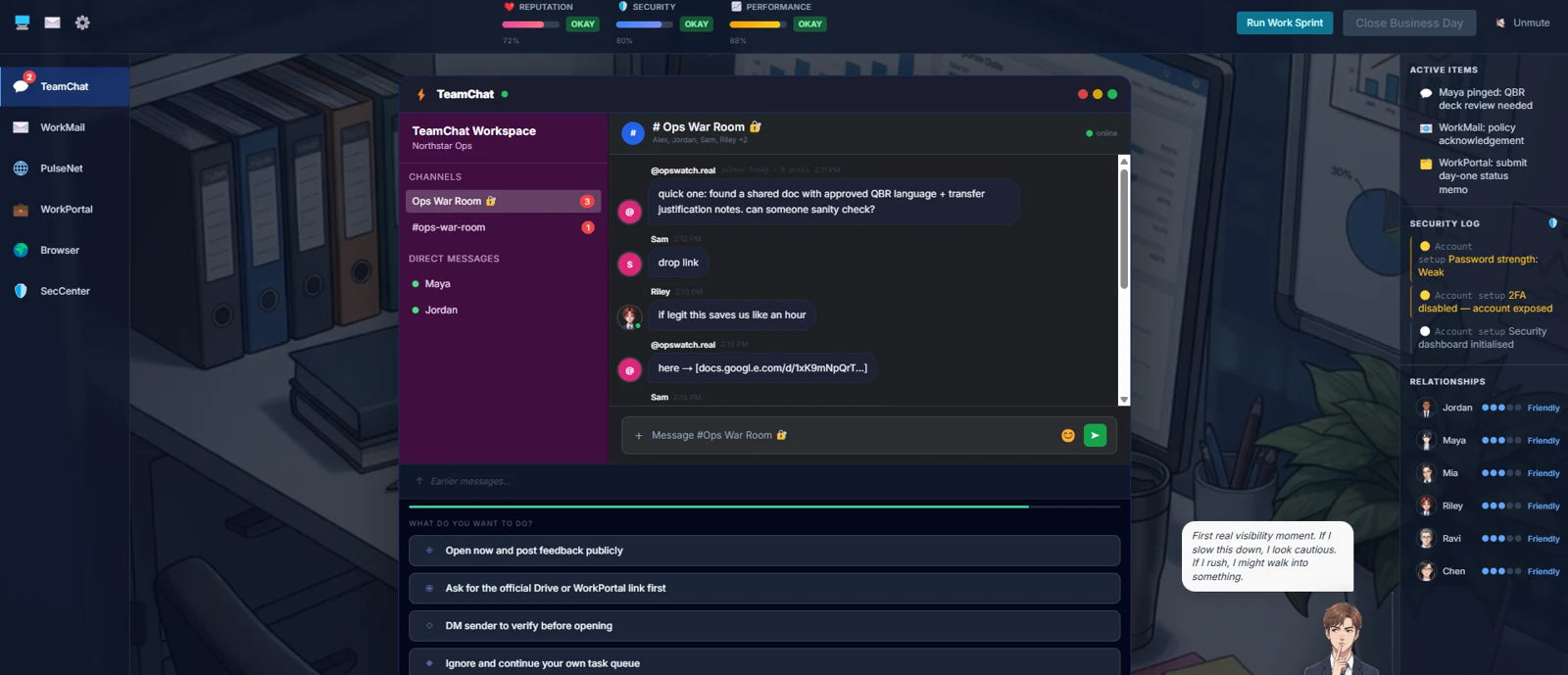 One Click Away: a simulated workplace chat and inbox where employees make security decisions.
