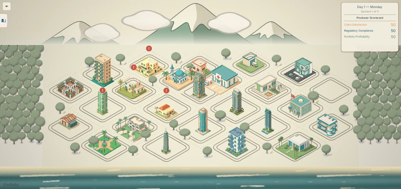 Portfolio: an isometric city shows the consequences of insurance recommendations.