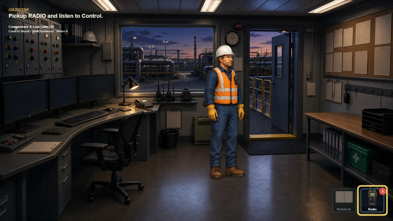 Operator Rounds: an operator in a control shack with radio and notebook tools ready for an inspection.